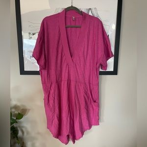 Free People Why Not Romper in Pink - v neck 100% cotton lounge romper - large
